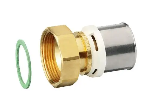 Übergangsverschraubung aus Metall und Kunststoff mit integrierter Dichtung. Produkt von Fränkische zur Verbindung von Rohrsystemen.